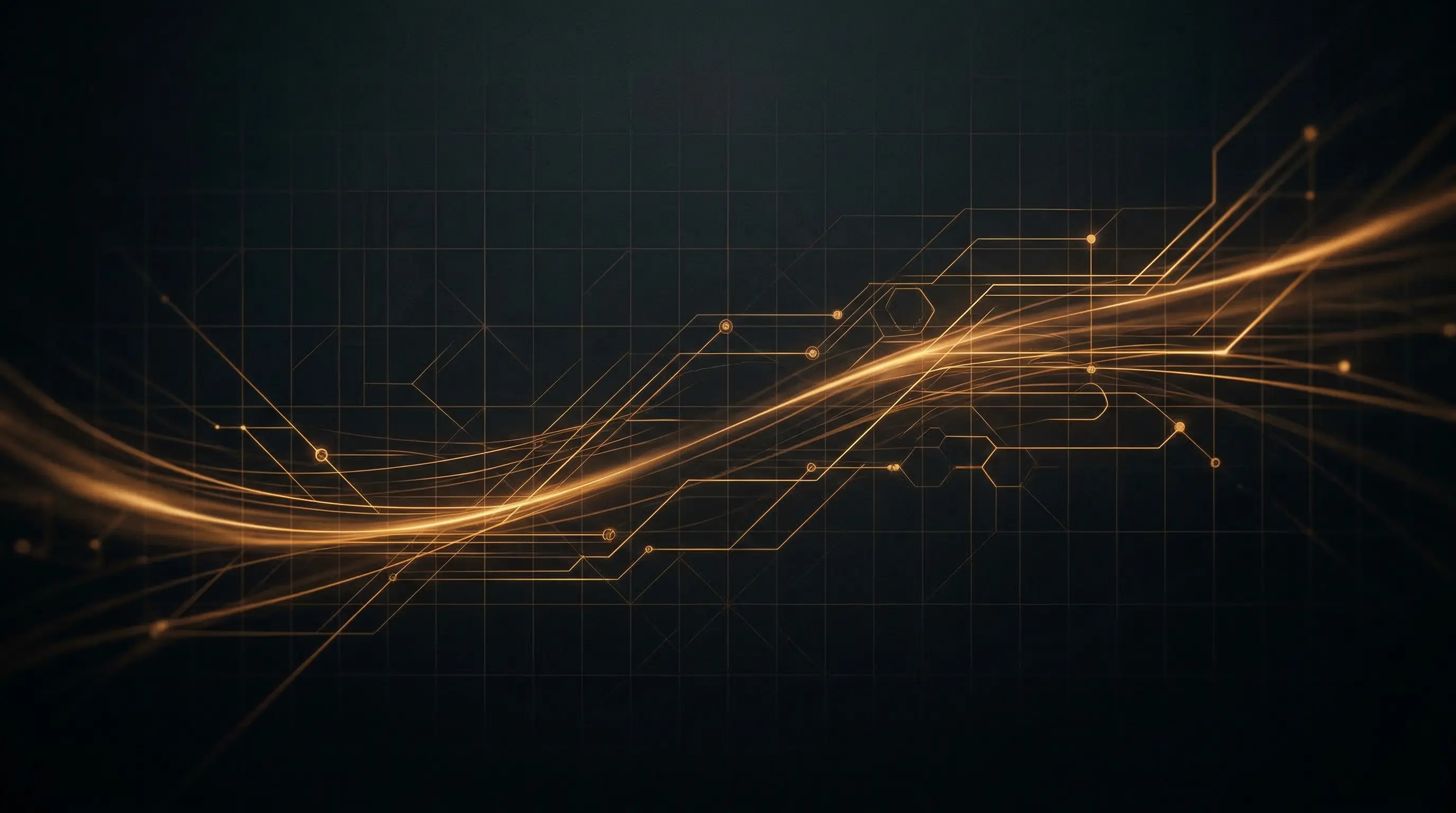 Abstract AI network visualization with amber geometric patterns